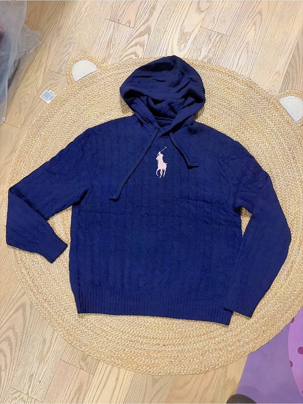 Polo by Ralph Lauren Navy Cable-Knit Hoodie with Pink Pony Logo